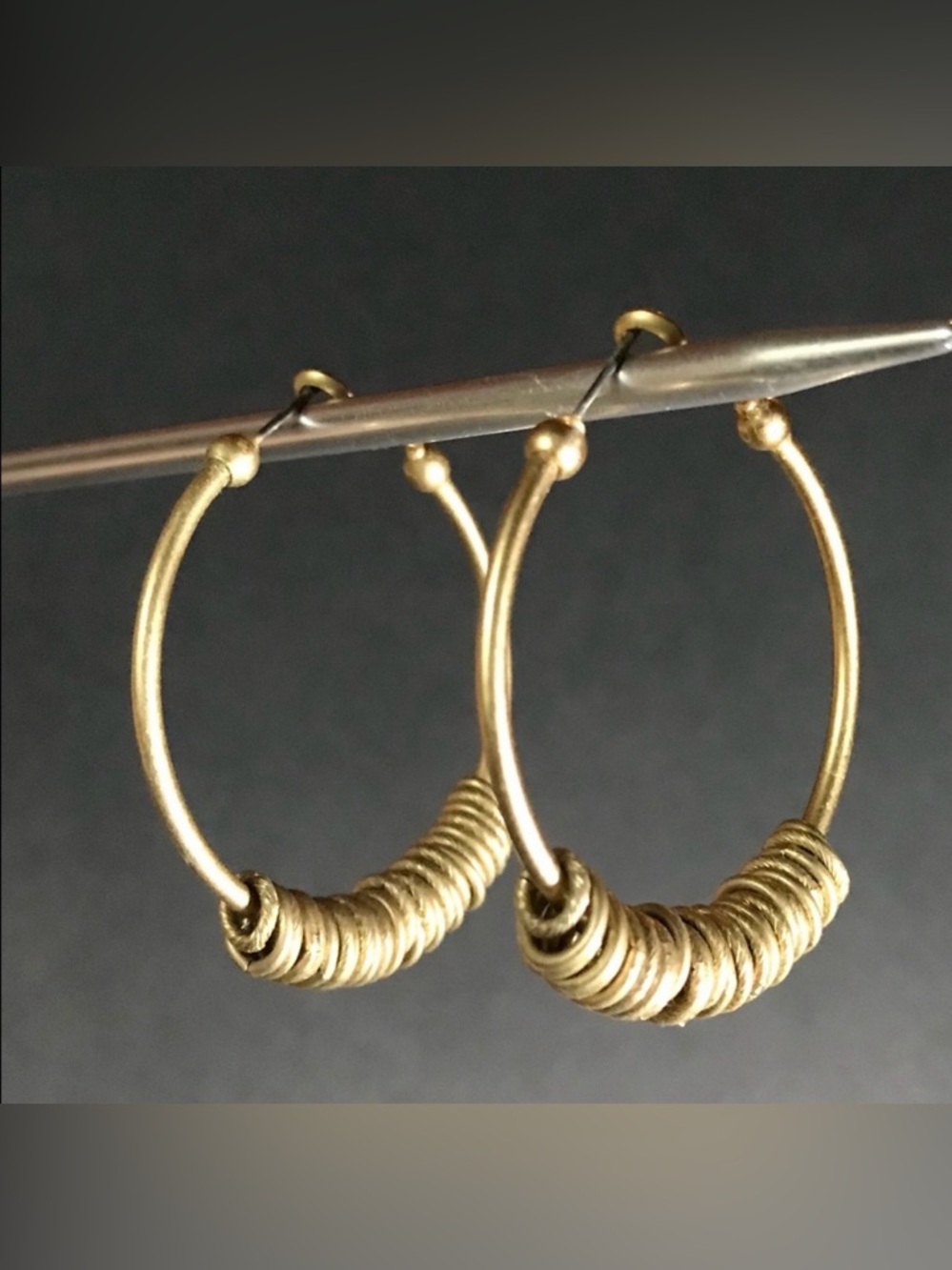 Gold Hoop Earrings with Wrapped Disc Accents